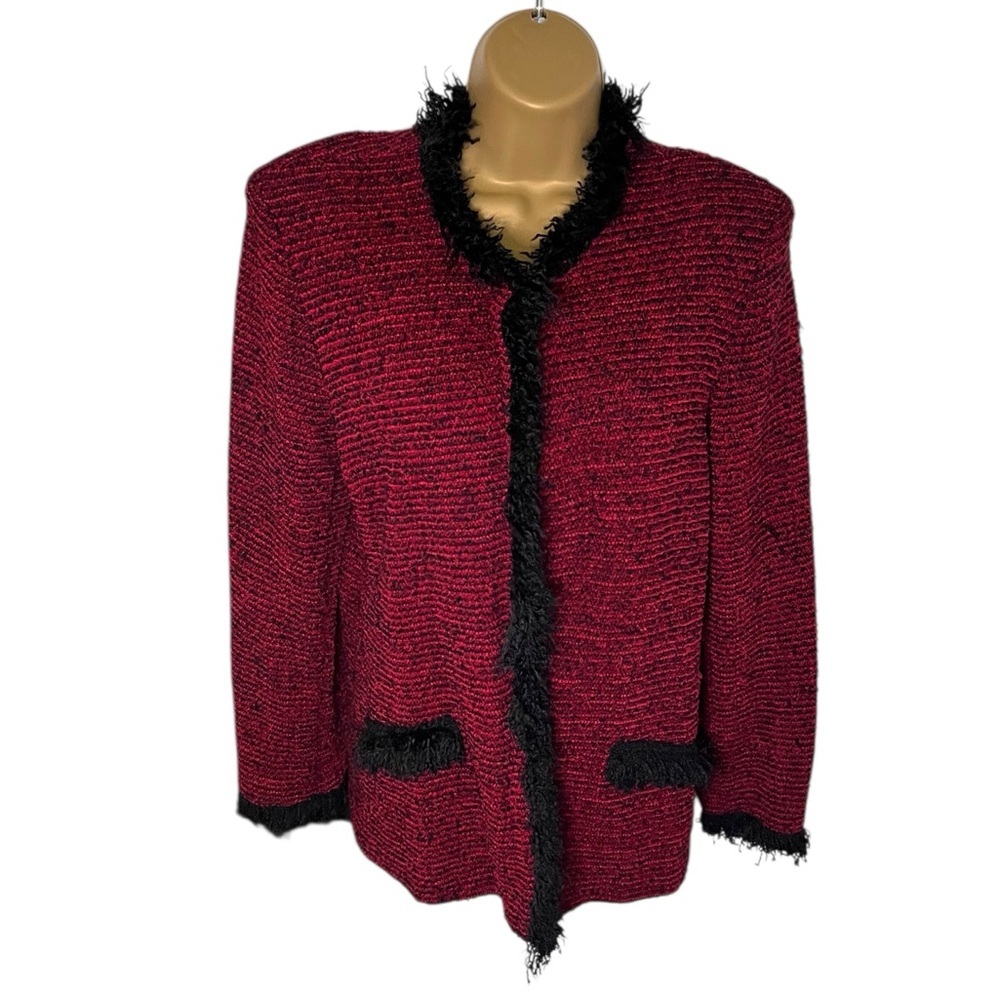 Vintage 90s Y2K Leslie Fay Boucle Jacket Fringe Trim Zip Front Red Black M